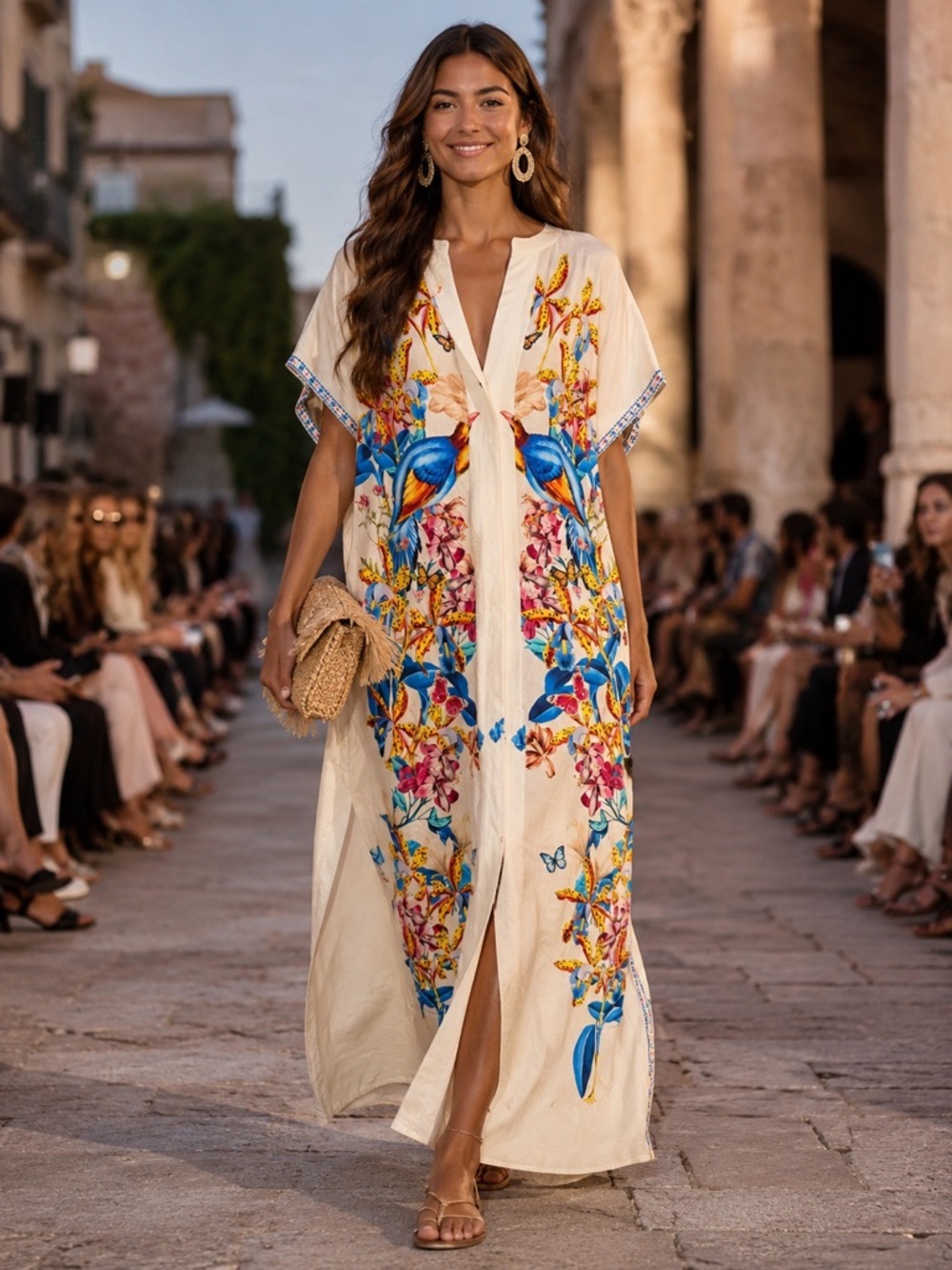 NWT In Italy Maxi Dress Bird & Floral Print Viscose Button Front Boho Resort